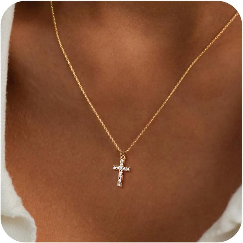 Poxtex Cross Necklace for Women Girls, Dainty 14K Gold Silver Plated Cross Choker Pendant Jewelry Non Tarnish Waterproof Trendy Cute Simple Small Necklace Easter Christian Baptism Religious Faith Jewelry Gifts - Image 1